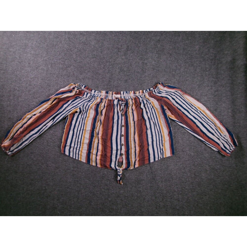 Rewind Top Womens L Off Shoulder Tie Hem Striped Rayon Multi Boho Crop Summer
